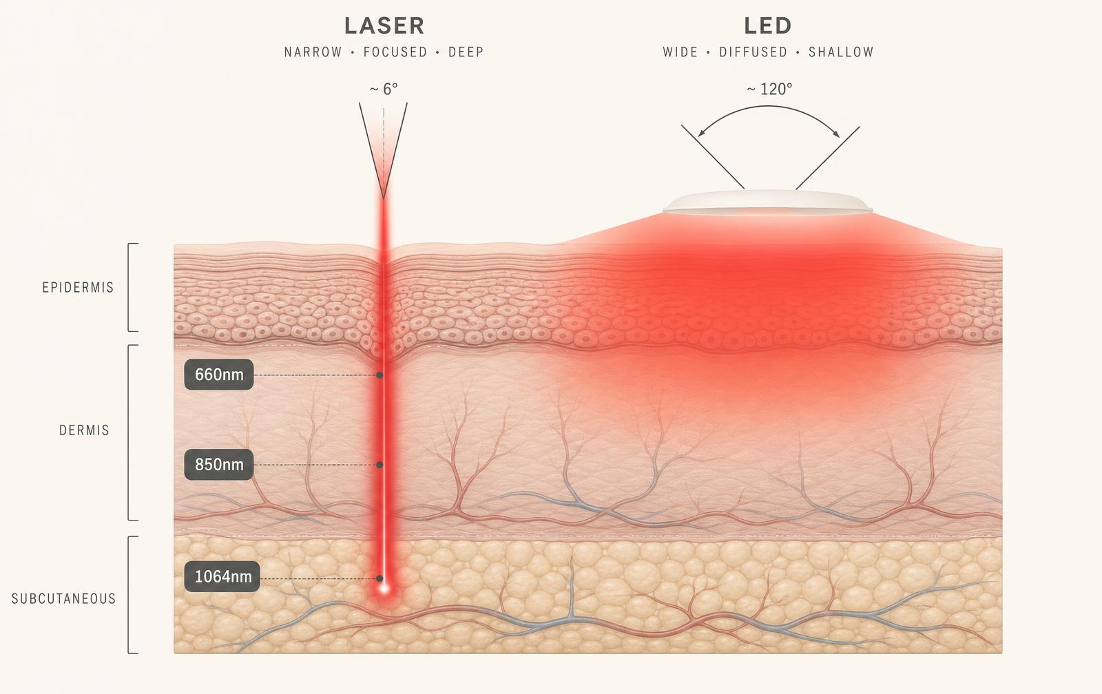 Cross-section diagram comparing a narrow focused laser beam reaching the subcutaneous layer against a wide diffused LED glow that stays in the epidermis, with 660 nm, 850 nm and 1064 nm depth markers