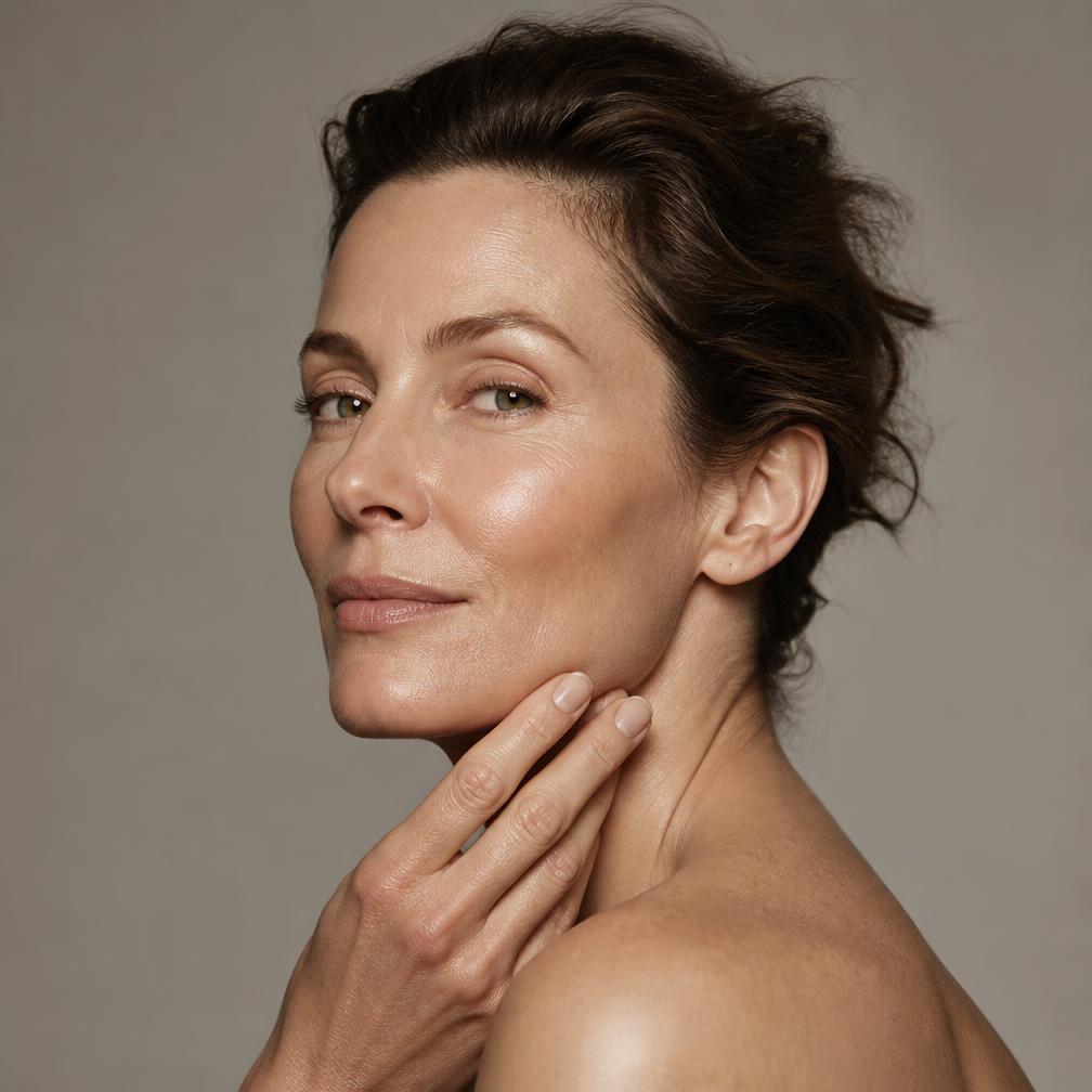 Woman in three-quarter profile with defined jawline and cheekbone