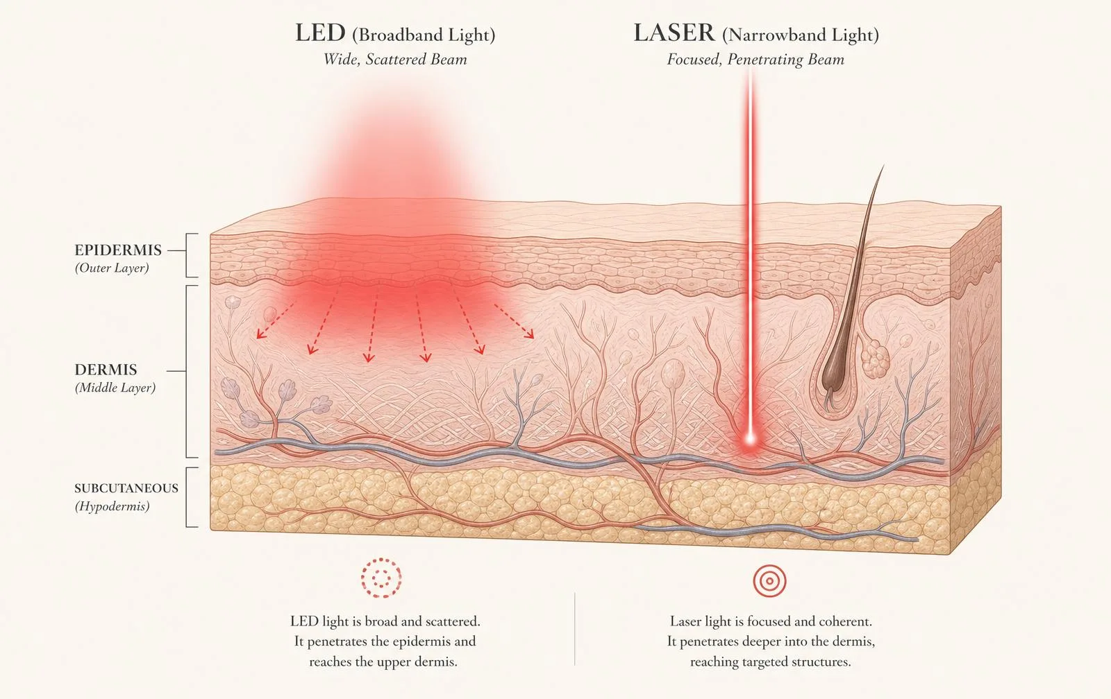 Skin cross-section diagram comparing a wide scattered LED glow reaching the upper dermis with a narrow focused laser beam reaching deeper into the dermis