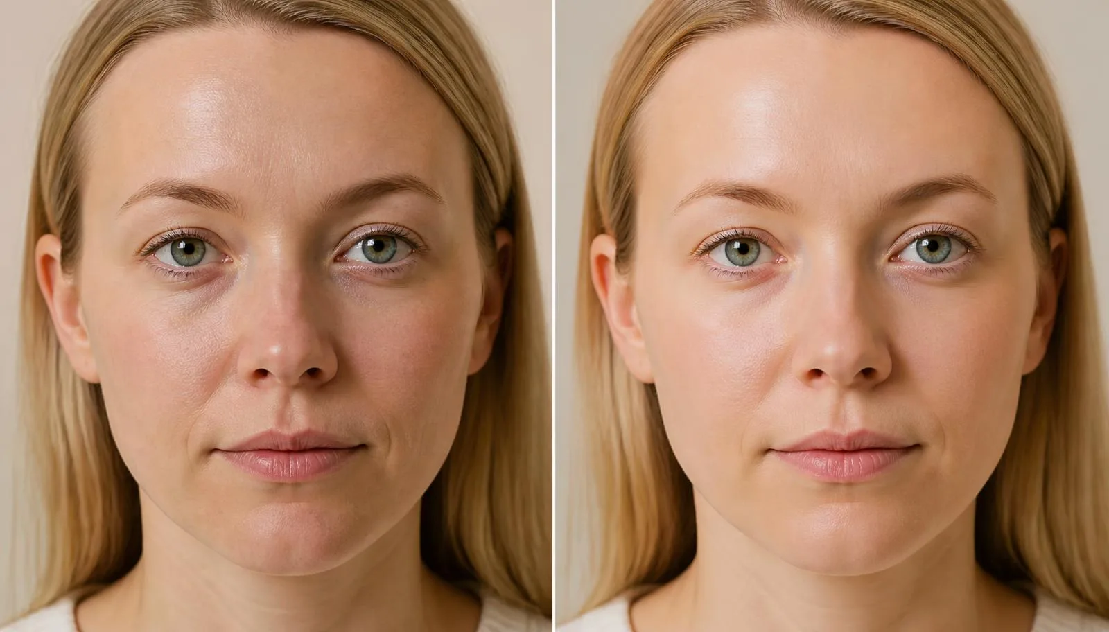 Side-by-side photographs of the same person showing skin texture and evenness before and after a course of light therapy